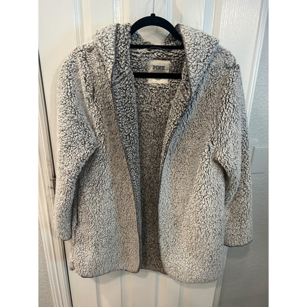 💎 PINK Victoria's Secret Cardigan Grey Sherpa Hooded Teddy Jacket XS/S